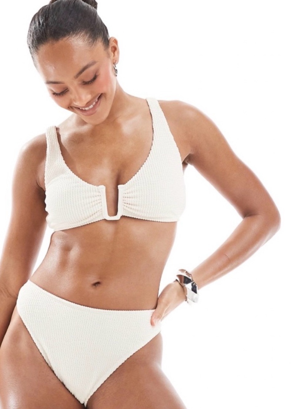 Cream Textured V-Notch Bikini Top and High Waist Bottom XL - Women Swim